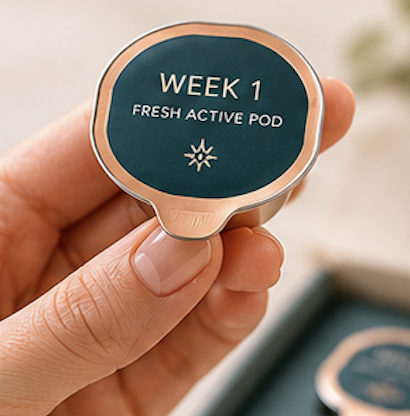 A fresh active pod labelled Week 1, held in hand