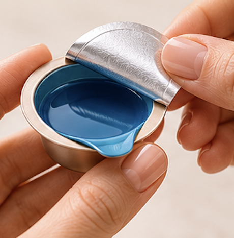 Peeling open the foil lid of the active pod