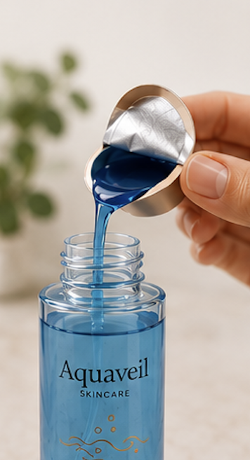 Pouring the blue concentrate into the spray bottle